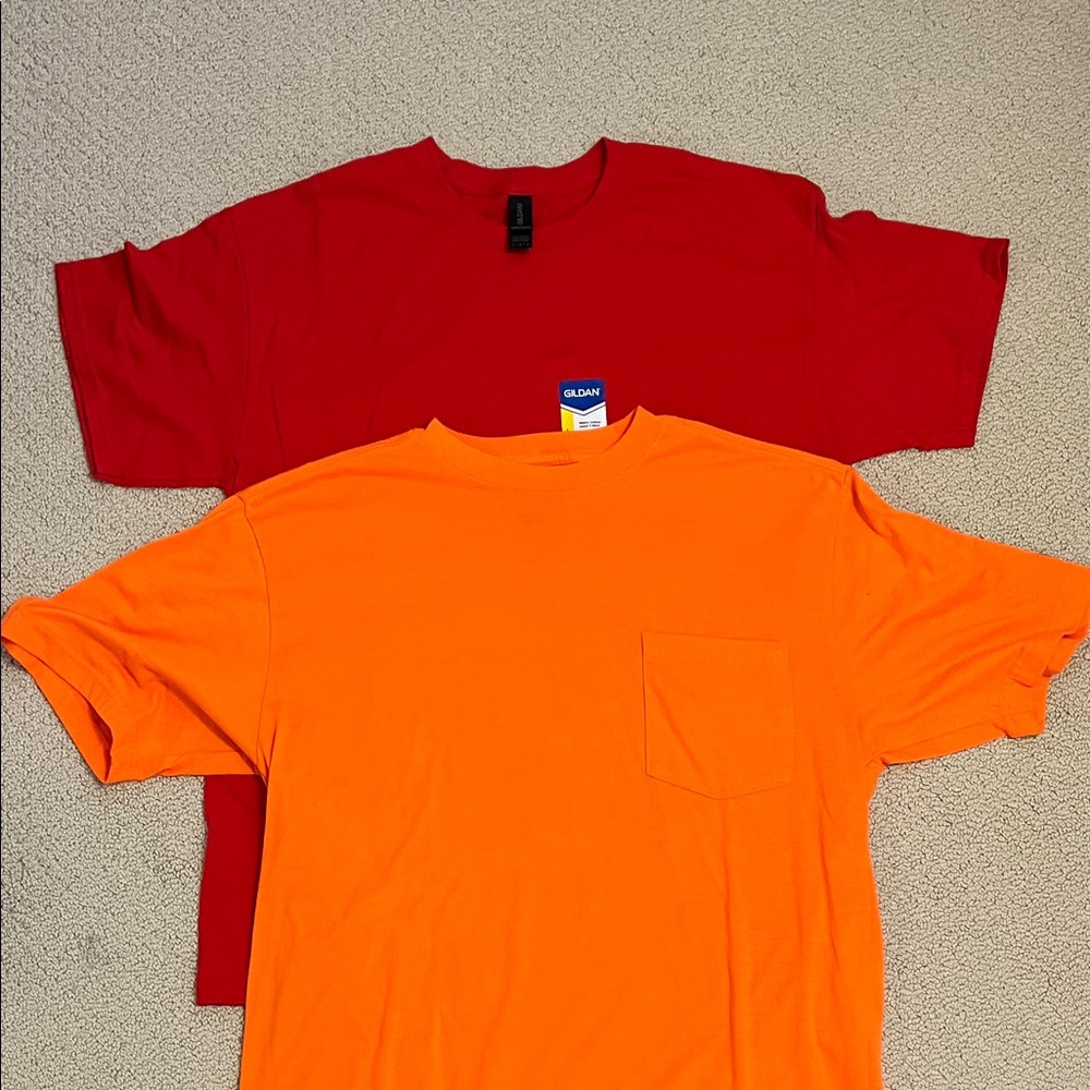 Gildan and Dickies Bold Red and Bright Orange Tees, Size L